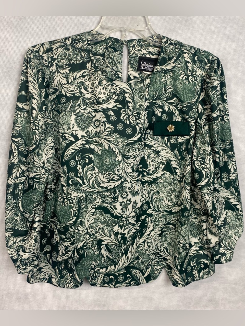 Whirlaway Frocks Top Women Sz  12 Green White Paisley Blouse Vtg Grannycore USA